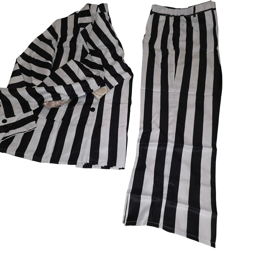 Beetlejuice Costume Set Mens XL Striped Blazer Pants Wig Tie Halloween Cosplay - Picture 7 of 8